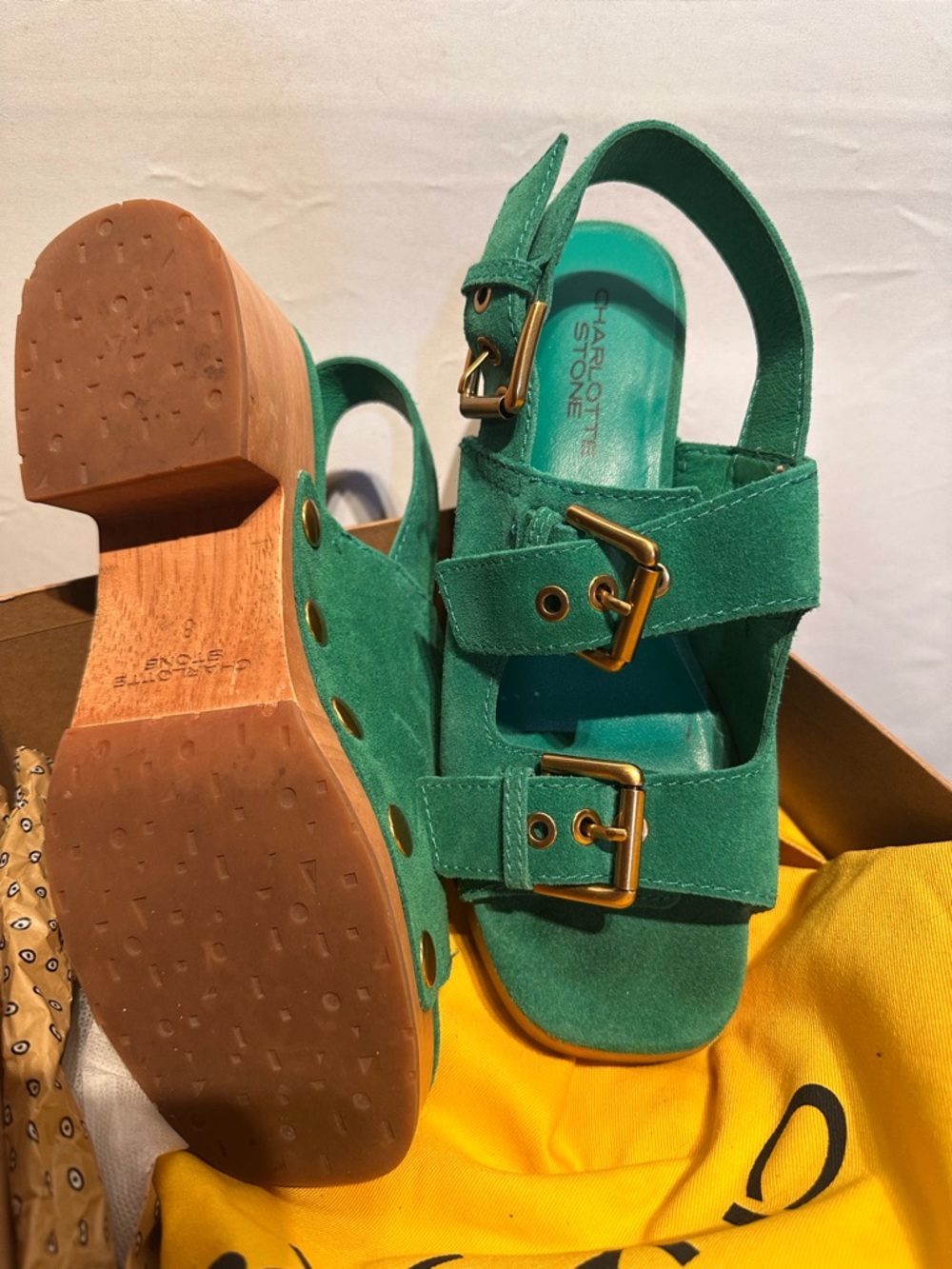 Charlotte Stone Lucia Emerald Green Suede Studded Clog Sandals - Picture 6 of 7